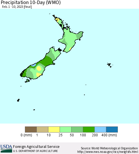 New Zealand Precipitation 10-Day (WMO) Thematic Map For 2/1/2023 - 2/10/2023