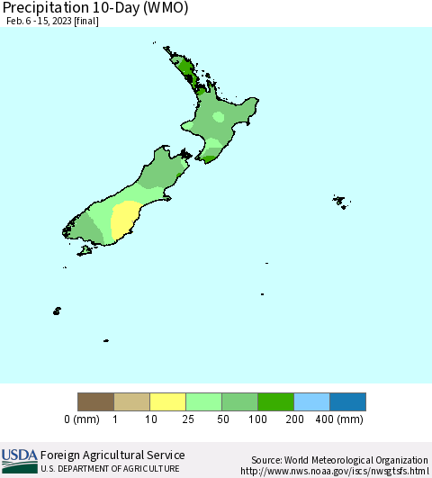 New Zealand Precipitation 10-Day (WMO) Thematic Map For 2/6/2023 - 2/15/2023