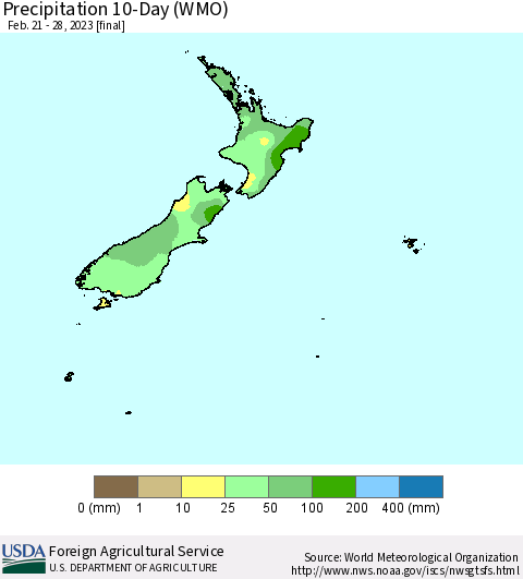 New Zealand Precipitation 10-Day (WMO) Thematic Map For 2/21/2023 - 2/28/2023