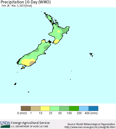 New Zealand Precipitation 10-Day (WMO) Thematic Map For 2/26/2023 - 3/5/2023