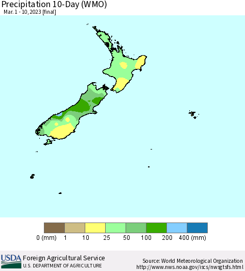 New Zealand Precipitation 10-Day (WMO) Thematic Map For 3/1/2023 - 3/10/2023