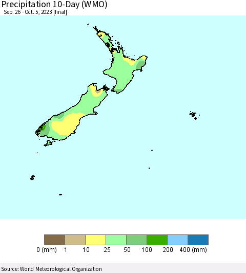 New Zealand Precipitation 10-Day (WMO) Thematic Map For 9/26/2023 - 10/5/2023