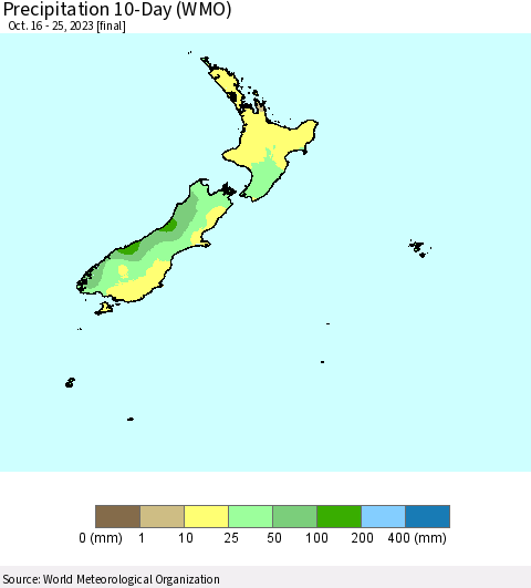 New Zealand Precipitation 10-Day (WMO) Thematic Map For 10/16/2023 - 10/25/2023
