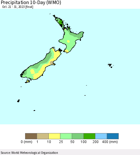 New Zealand Precipitation 10-Day (WMO) Thematic Map For 10/21/2023 - 10/31/2023