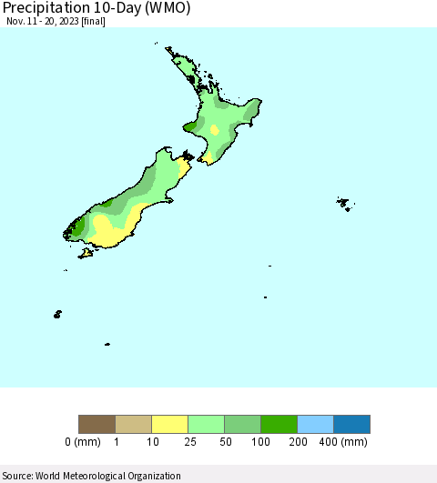 New Zealand Precipitation 10-Day (WMO) Thematic Map For 11/11/2023 - 11/20/2023