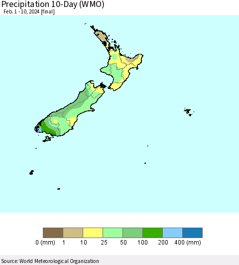New Zealand Precipitation 10-Day (WMO) Thematic Map For 2/1/2024 - 2/10/2024