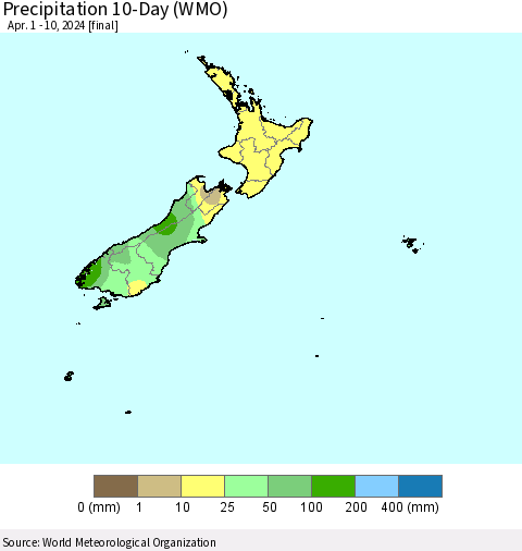 New Zealand Precipitation 10-Day (WMO) Thematic Map For 4/1/2024 - 4/10/2024
