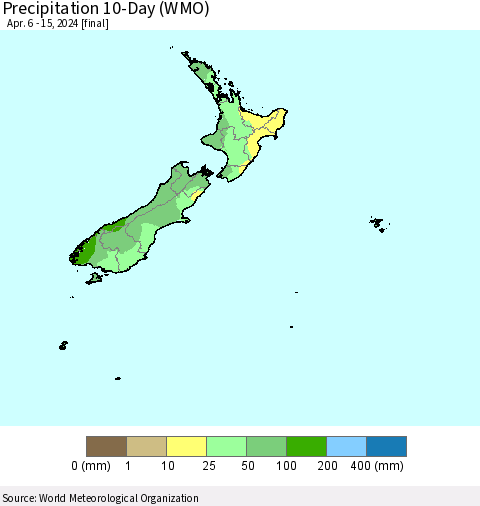 New Zealand Precipitation 10-Day (WMO) Thematic Map For 4/6/2024 - 4/15/2024