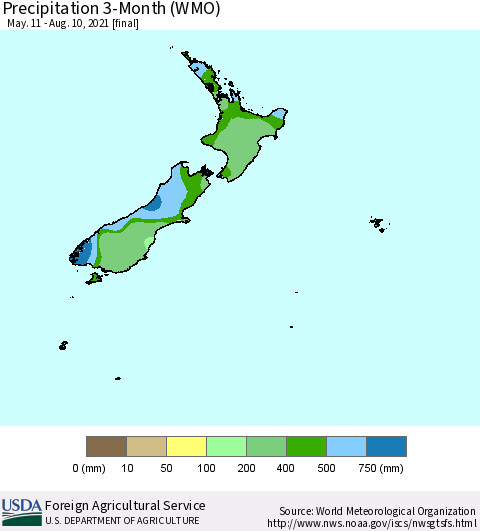 New Zealand Precipitation 3-Month (WMO) Thematic Map For 5/11/2021 - 8/10/2021