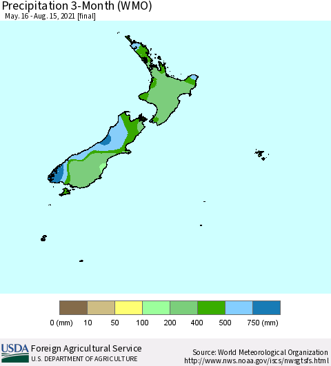 New Zealand Precipitation 3-Month (WMO) Thematic Map For 5/16/2021 - 8/15/2021