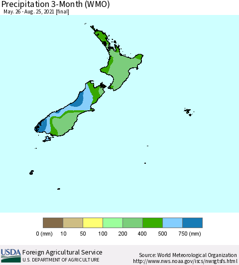 New Zealand Precipitation 3-Month (WMO) Thematic Map For 5/26/2021 - 8/25/2021