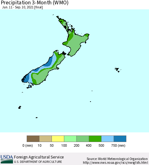New Zealand Precipitation 3-Month (WMO) Thematic Map For 6/11/2021 - 9/10/2021