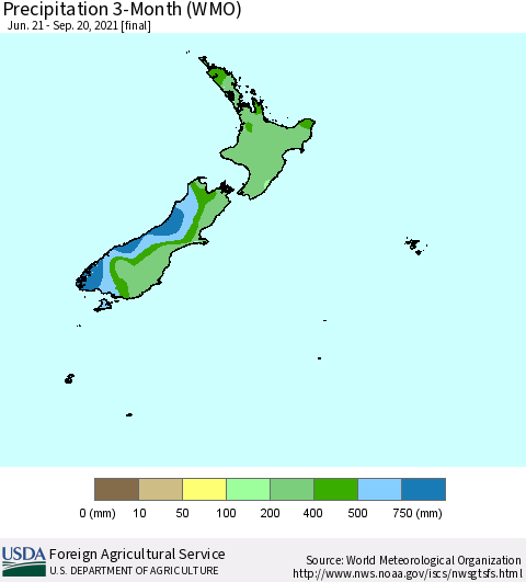 New Zealand Precipitation 3-Month (WMO) Thematic Map For 6/21/2021 - 9/20/2021