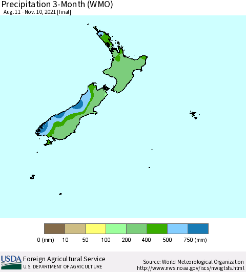 New Zealand Precipitation 3-Month (WMO) Thematic Map For 8/11/2021 - 11/10/2021