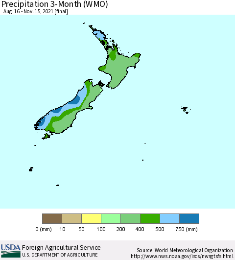 New Zealand Precipitation 3-Month (WMO) Thematic Map For 8/16/2021 - 11/15/2021