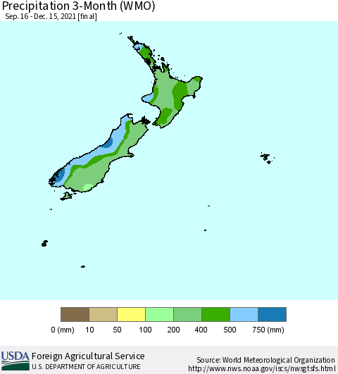 New Zealand Precipitation 3-Month (WMO) Thematic Map For 9/16/2021 - 12/15/2021