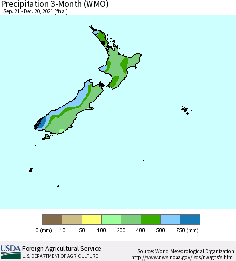 New Zealand Precipitation 3-Month (WMO) Thematic Map For 9/21/2021 - 12/20/2021