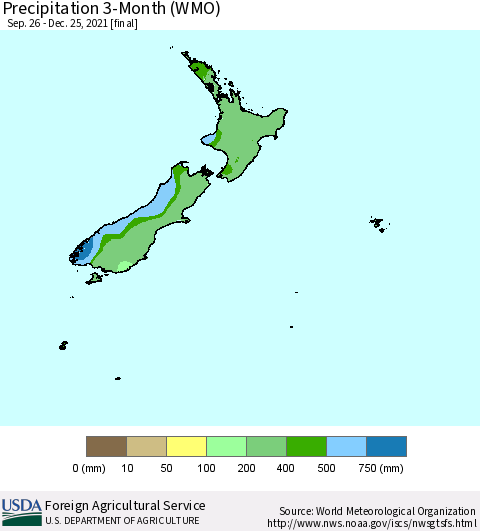 New Zealand Precipitation 3-Month (WMO) Thematic Map For 9/26/2021 - 12/25/2021