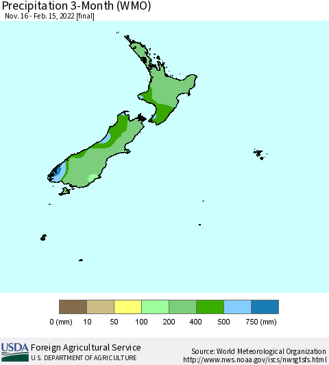 New Zealand Precipitation 3-Month (WMO) Thematic Map For 11/16/2021 - 2/15/2022