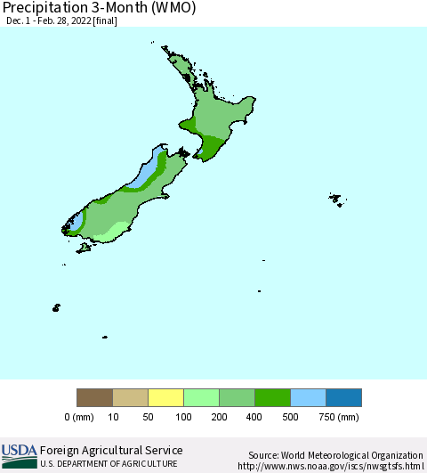 New Zealand Precipitation 3-Month (WMO) Thematic Map For 12/1/2021 - 2/28/2022
