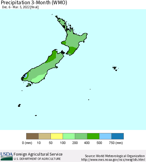 New Zealand Precipitation 3-Month (WMO) Thematic Map For 12/6/2021 - 3/5/2022