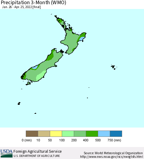 New Zealand Precipitation 3-Month (WMO) Thematic Map For 1/26/2022 - 4/25/2022