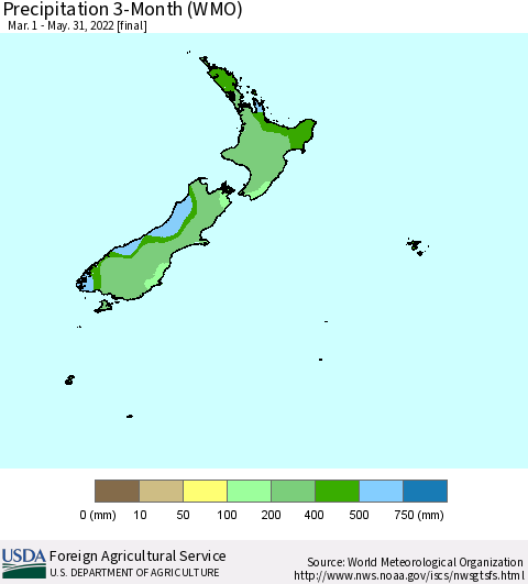 New Zealand Precipitation 3-Month (WMO) Thematic Map For 3/1/2022 - 5/31/2022