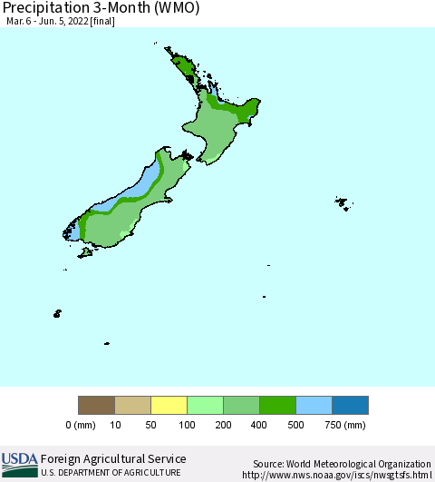 New Zealand Precipitation 3-Month (WMO) Thematic Map For 3/6/2022 - 6/5/2022