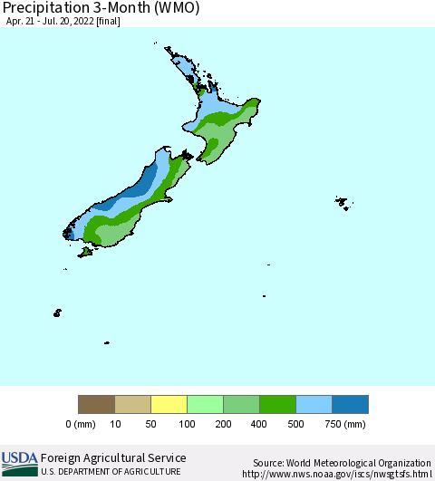 New Zealand Precipitation 3-Month (WMO) Thematic Map For 4/21/2022 - 7/20/2022