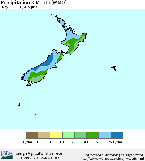 New Zealand Precipitation 3-Month (WMO) Thematic Map For 5/1/2022 - 7/31/2022