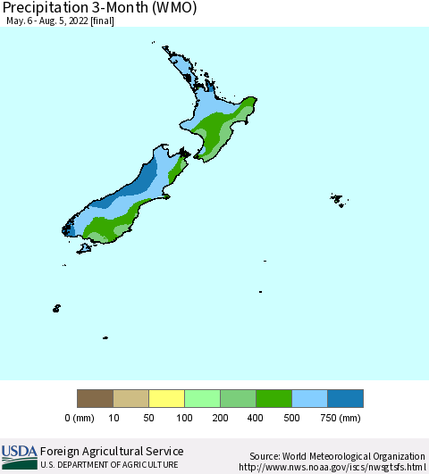 New Zealand Precipitation 3-Month (WMO) Thematic Map For 5/6/2022 - 8/5/2022