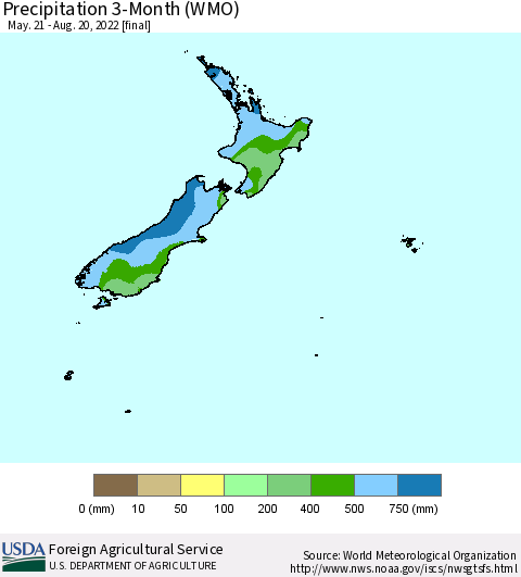 New Zealand Precipitation 3-Month (WMO) Thematic Map For 5/21/2022 - 8/20/2022