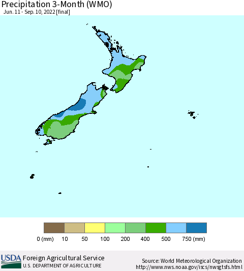 New Zealand Precipitation 3-Month (WMO) Thematic Map For 6/11/2022 - 9/10/2022