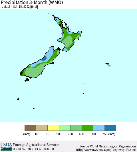 New Zealand Precipitation 3-Month (WMO) Thematic Map For 7/16/2022 - 10/15/2022