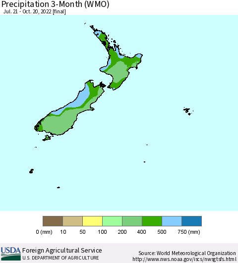 New Zealand Precipitation 3-Month (WMO) Thematic Map For 7/21/2022 - 10/20/2022