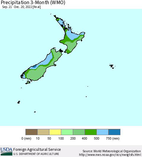 New Zealand Precipitation 3-Month (WMO) Thematic Map For 9/21/2022 - 12/20/2022