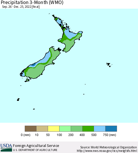 New Zealand Precipitation 3-Month (WMO) Thematic Map For 9/26/2022 - 12/25/2022