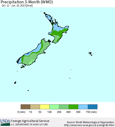 New Zealand Precipitation 3-Month (WMO) Thematic Map For 10/11/2022 - 1/10/2023