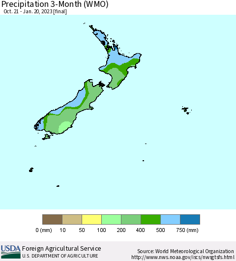 New Zealand Precipitation 3-Month (WMO) Thematic Map For 10/21/2022 - 1/20/2023