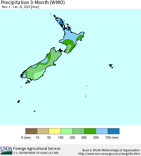 New Zealand Precipitation 3-Month (WMO) Thematic Map For 11/1/2022 - 1/31/2023