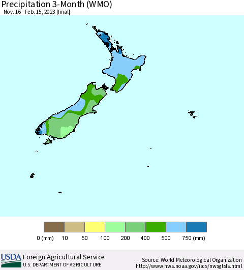 New Zealand Precipitation 3-Month (WMO) Thematic Map For 11/16/2022 - 2/15/2023
