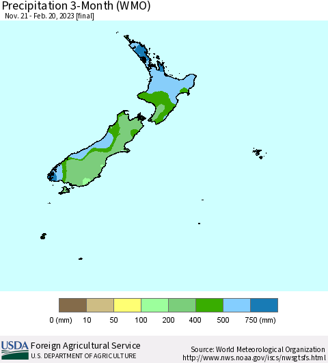 New Zealand Precipitation 3-Month (WMO) Thematic Map For 11/21/2022 - 2/20/2023