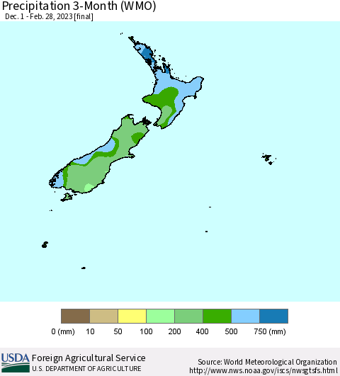 New Zealand Precipitation 3-Month (WMO) Thematic Map For 12/1/2022 - 2/28/2023