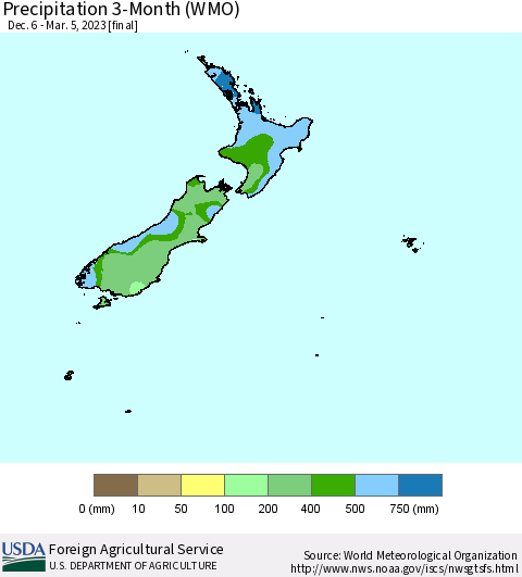 New Zealand Precipitation 3-Month (WMO) Thematic Map For 12/6/2022 - 3/5/2023