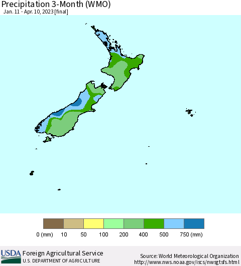 New Zealand Precipitation 3-Month (WMO) Thematic Map For 1/11/2023 - 4/10/2023