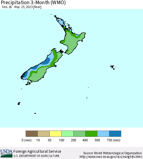 New Zealand Precipitation 3-Month (WMO) Thematic Map For 2/26/2023 - 5/25/2023