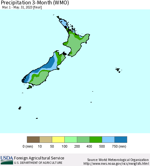 New Zealand Precipitation 3-Month (WMO) Thematic Map For 3/1/2023 - 5/31/2023