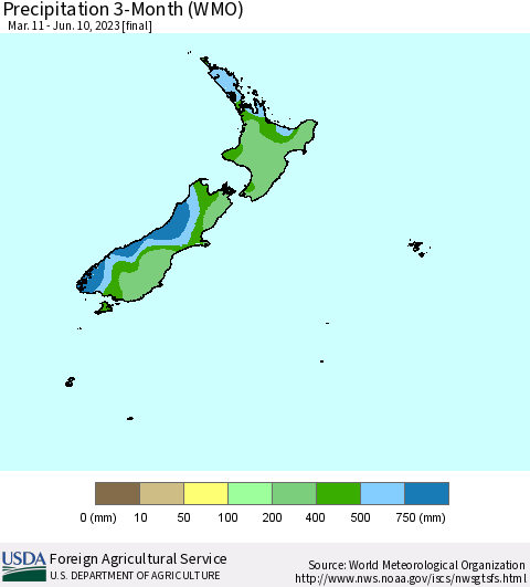 New Zealand Precipitation 3-Month (WMO) Thematic Map For 3/11/2023 - 6/10/2023