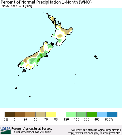 New Zealand Percent of Normal Precipitation 1-Month (WMO) Thematic Map For 3/6/2021 - 4/5/2021