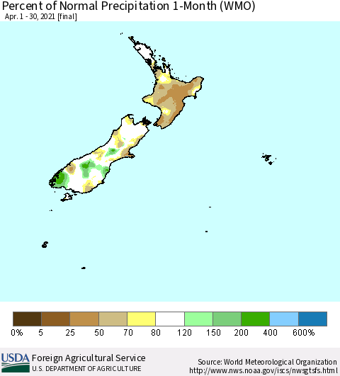 New Zealand Percent of Normal Precipitation 1-Month (WMO) Thematic Map For 4/1/2021 - 4/30/2021